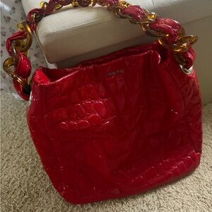 Miu Miu Red Patent Croc-Embossed Shoulder Bag with Amber Chain